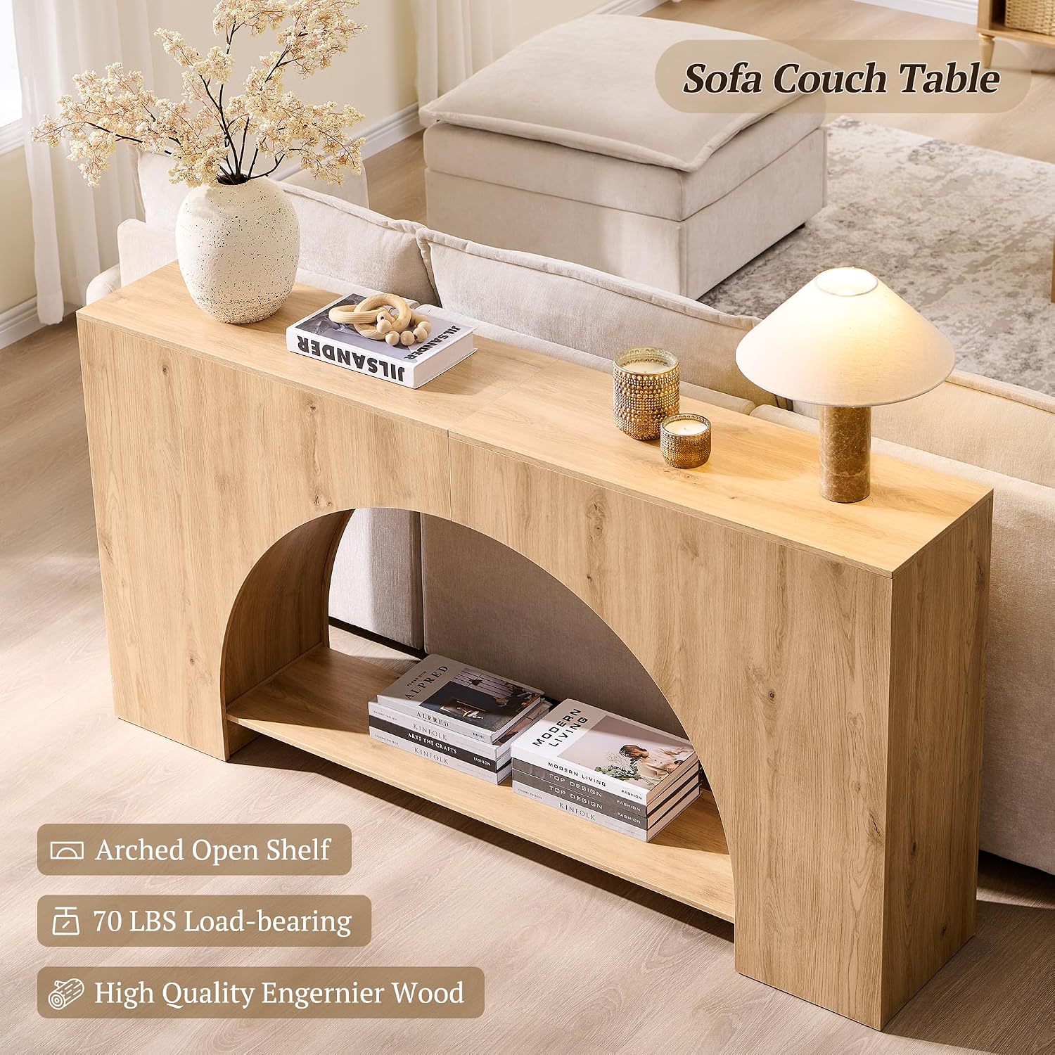 IFGET 63' Arched Console Table, 2-Tier Modern Entryway Table with Arched Base, Narrow Long Wood Sofa Table Behind Couch Table for Living Room, Hallway, Foyer, Natural