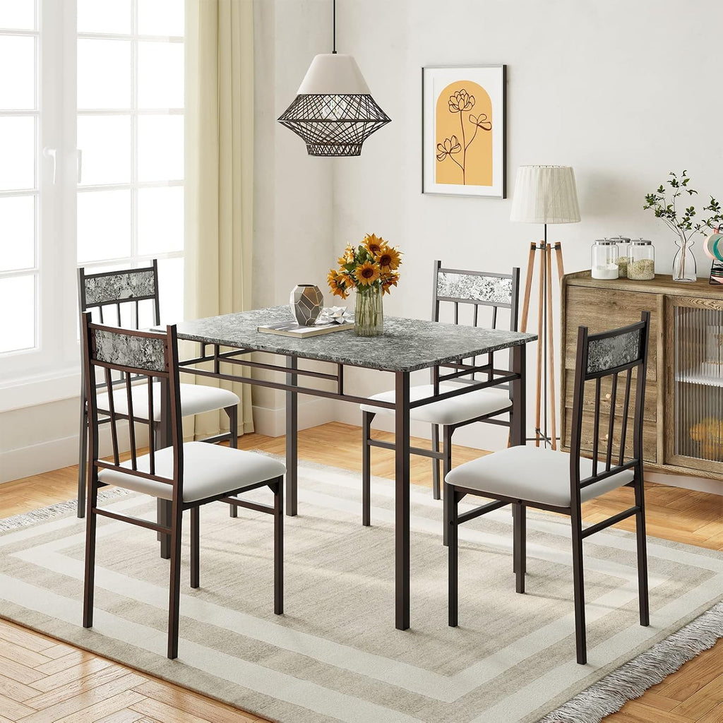 Giantex 5-Piece Dining Table Set for 4, Kitchen Table and Upholstered Chairs Set with Faux Marble Tabletop & Metal Frame, Space-Saving Dinette Set for Breakfast Nook, Small Space, Grey