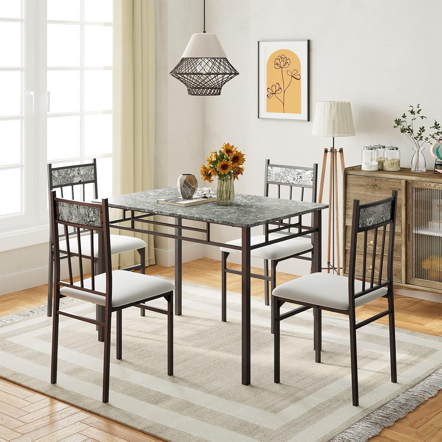 Giantex 5-Piece Dining Table Set for 4, Kitchen Table and Upholstered Chairs Set with Faux Marble Tabletop & Metal Frame, Space-Saving Dinette Set for Breakfast Nook, Small Space, Grey