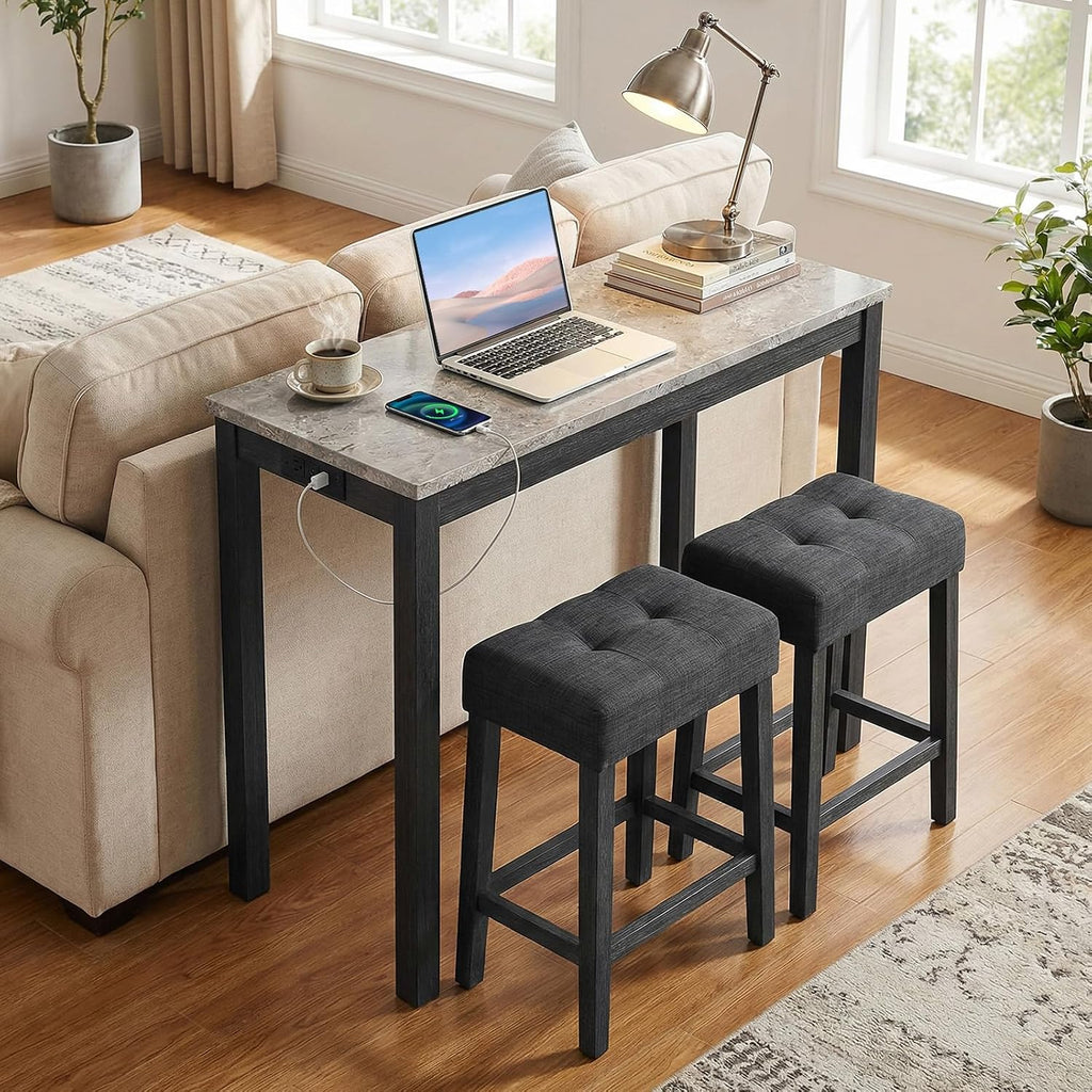 COSTWAY 3-Piece Bar Table Set with Charging Station, Modern Counter Height Breakfast Table w/Faux Marble Top & 2 Padded Stools, Wooden Console Table Set for Living Room, Kitchen, Dining Room (Gray)