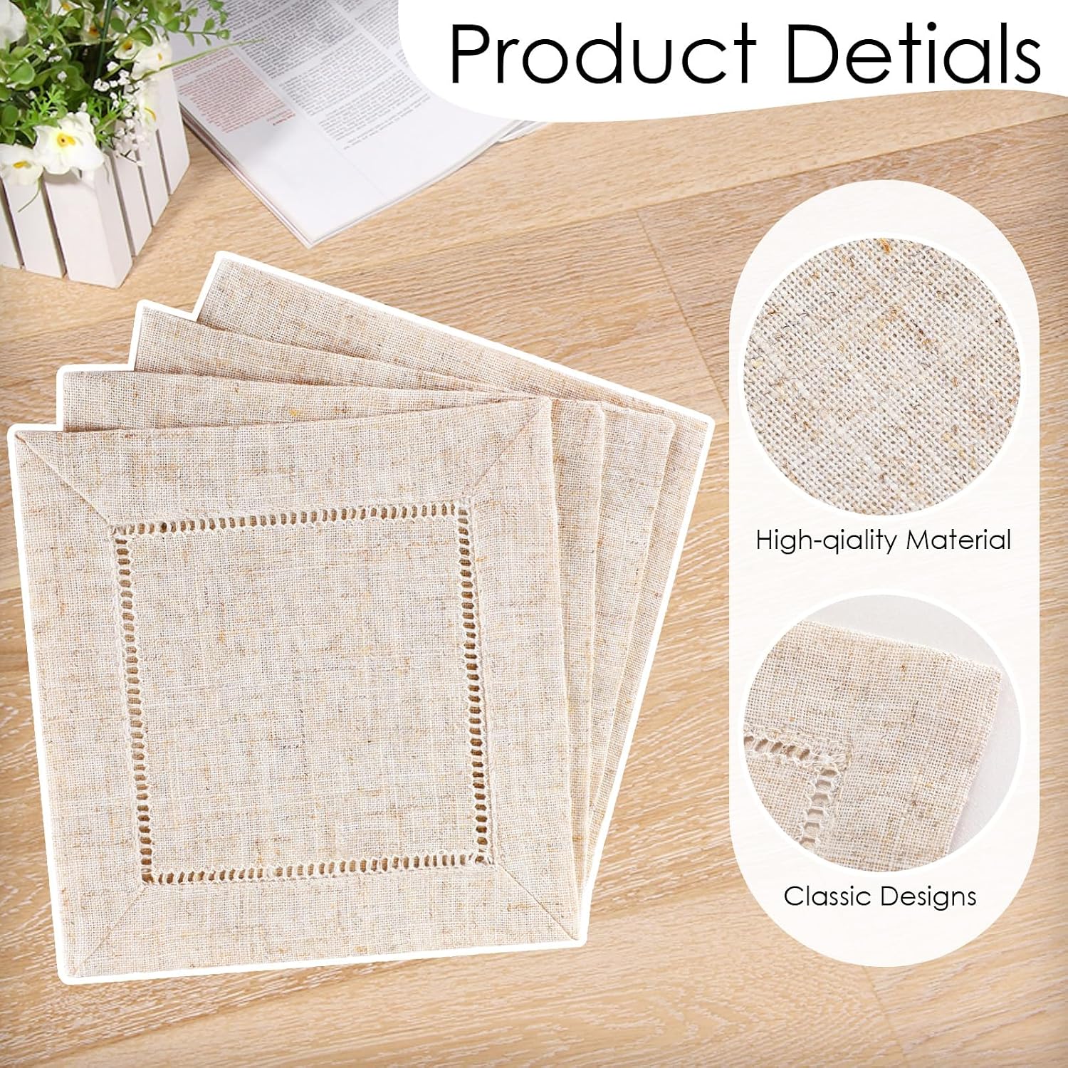 Jerify 160 Pcs Linen Cocktail Napkins Bulk 6 x 6 Inch Reusable Cloth Hemstitch Fabric Linen Napkins for Party Wedding Bar Beverage Coffee Dessert DIY