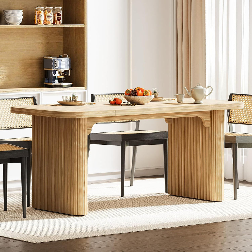 Tribesigns Modern Dining Table for 6 People, 62-Inch Natural Wood Kitchen Table with Double Robust Pedestal, Long Rectangle Wooden Dinner Table for Dining Room