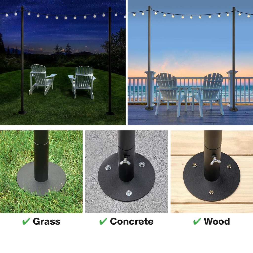 EXCELLO GLOBAL PRODUCTS Bistro String Light Poles - 2 Pack - Extends to 10 Feet - Universal Mounting Options Included with 50 ft. of G40 LED Lights (50 Lights)
