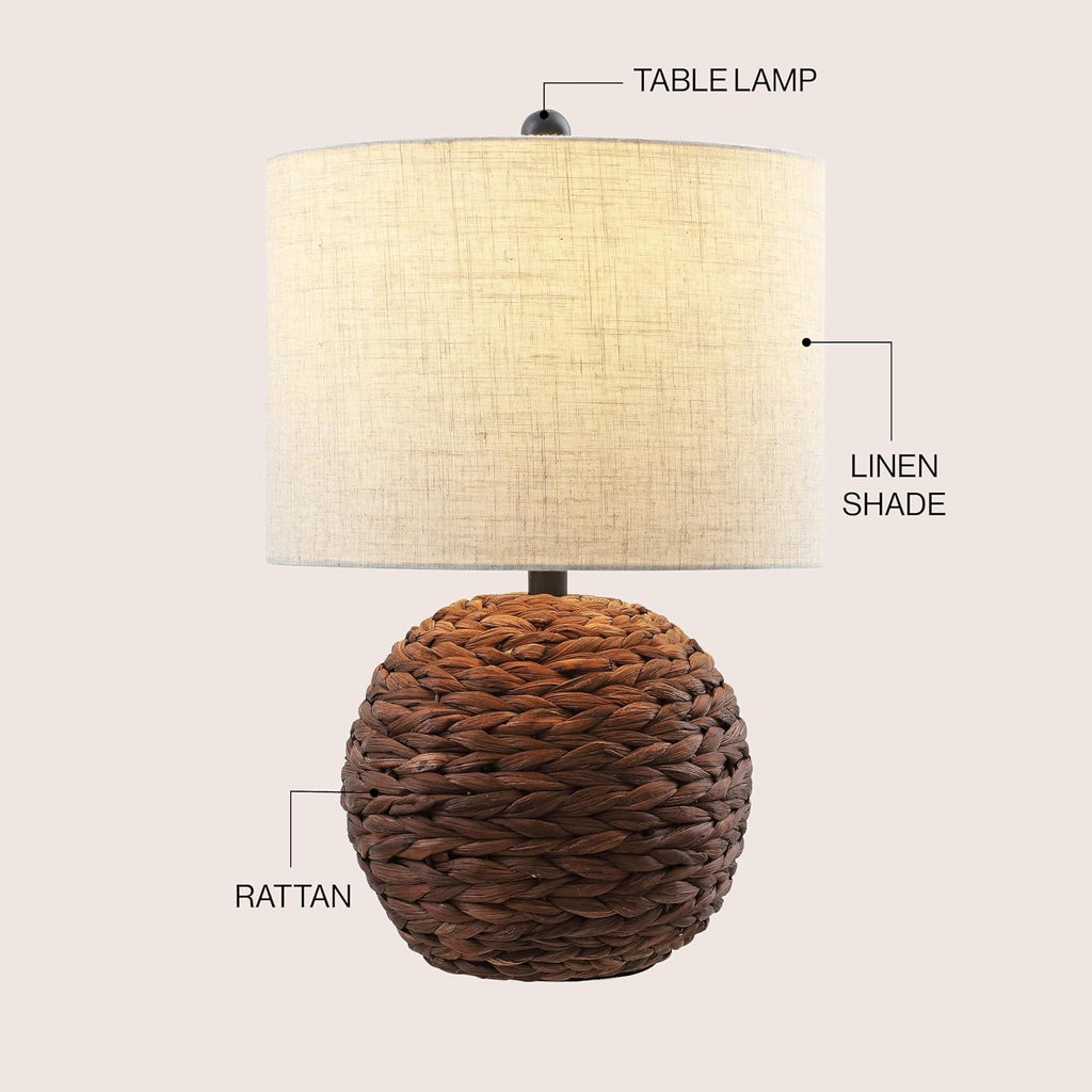 JONATHAN Y 21.5' Dark Brown Modern Coastal Woven Rattan Globe LED Table Lamp for Bedroom, Oatmeal Linen Drum Shade, LED Bulb Included, Rustic Bedside Lamp for Living Room (JYL6514B)