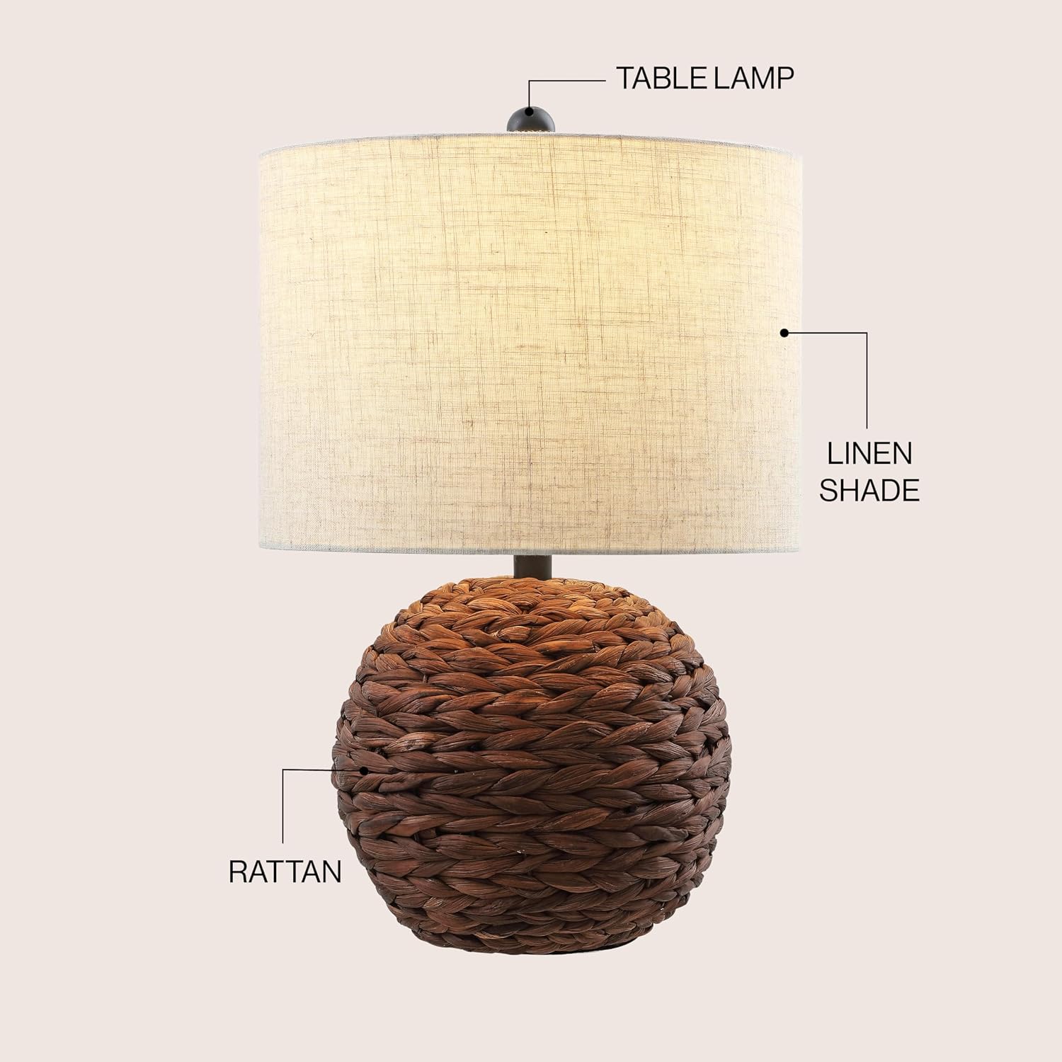 JONATHAN Y 21.5' Dark Brown Modern Coastal Woven Rattan Globe LED Table Lamp for Bedroom, Oatmeal Linen Drum Shade, LED Bulb Included, Rustic Bedside Lamp for Living Room (JYL6514B)