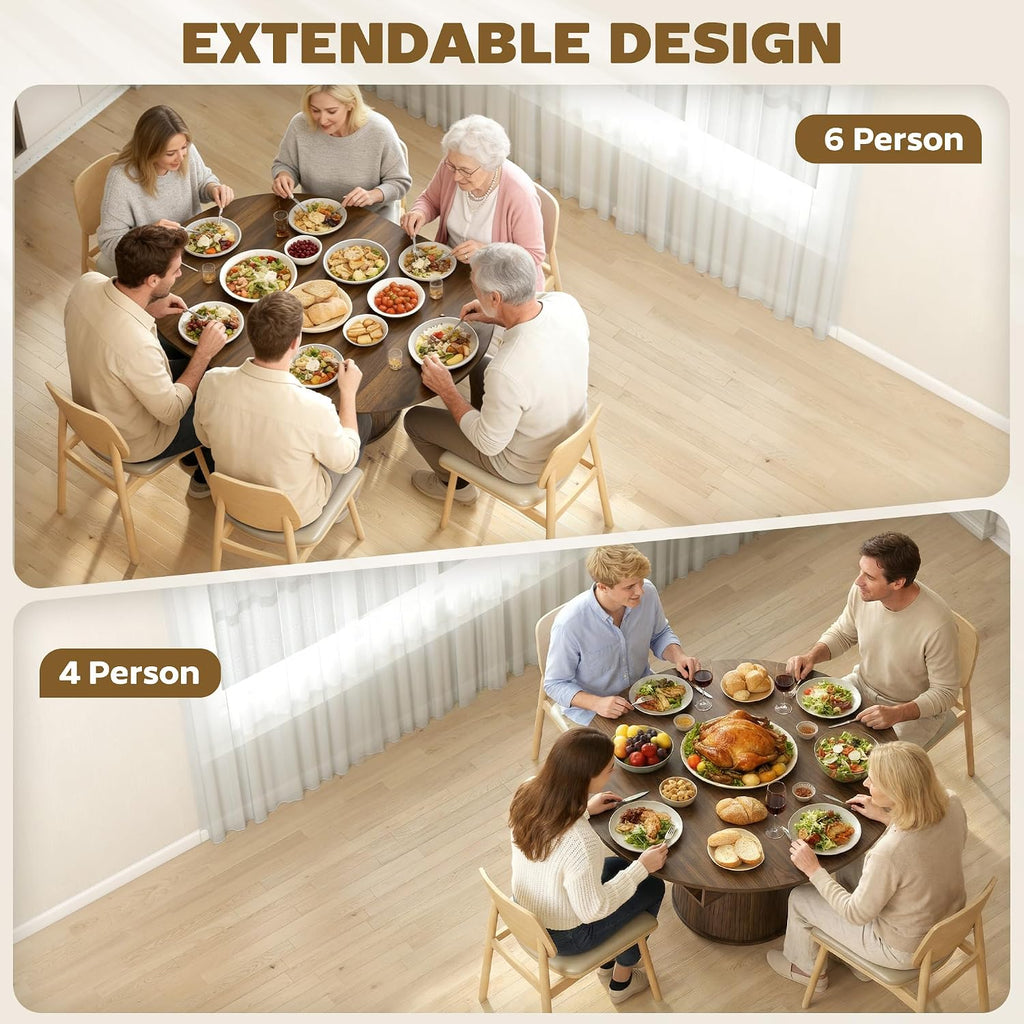 HOMCOM 43.3' to 59' Extendable Round Dining Table for 4-6, Farmhouse Transformer Dining Room Table with Removable Leaves, Circle Kitchen Table with Sliding Doors, Kitchen, Living Room, Walnut