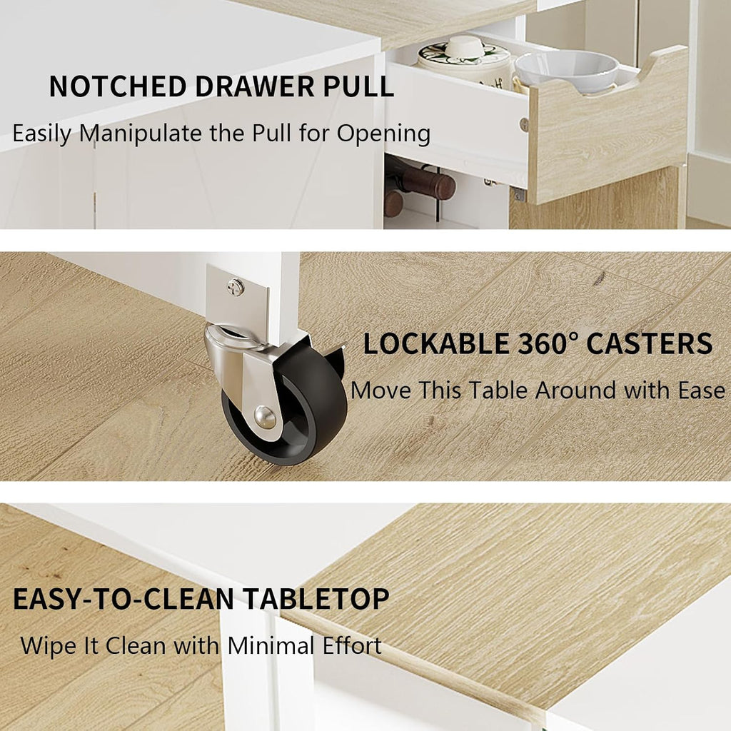 Folding Dining Table with 6 Wheels, Drop Leaf Tables for Small Spaces, Foldable Dining Table with 2-Layer Storage Rack, Kitchen Table with Drawer (White and Oak)