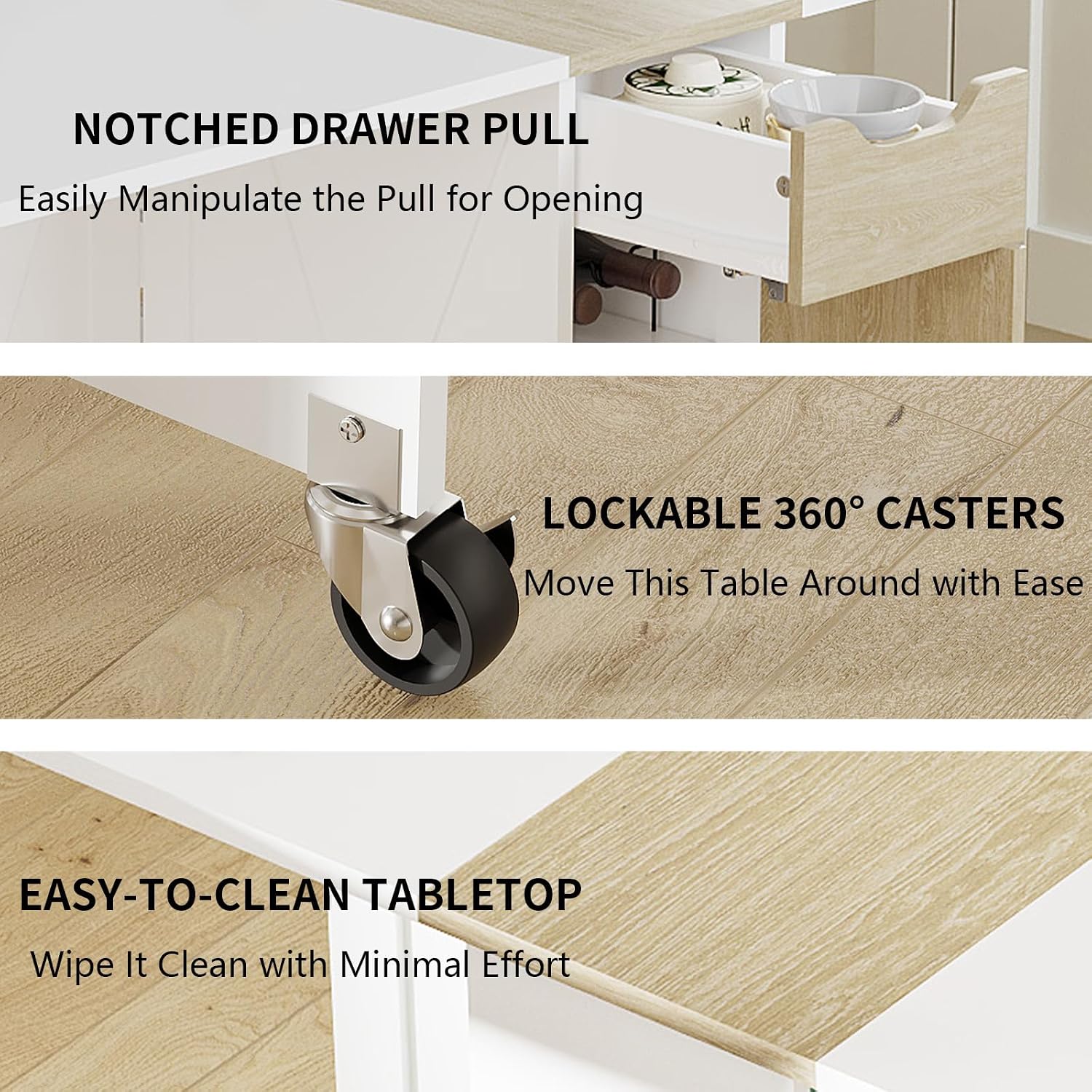 Folding Dining Table with 6 Wheels, Drop Leaf Tables for Small Spaces, Foldable Dining Table with 2-Layer Storage Rack, Kitchen Table with Drawer (White and Oak)