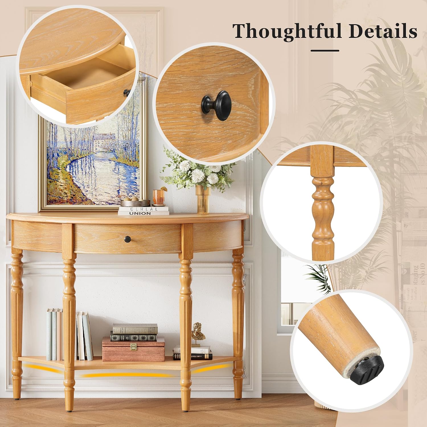 LKTART Vintage Half Moon Console Table with Solid Pinewood Frame & Legs, Modern Entryway/Sofa Table for Living Room,Hallway,Foyer,Behind Couch (Natural 39')