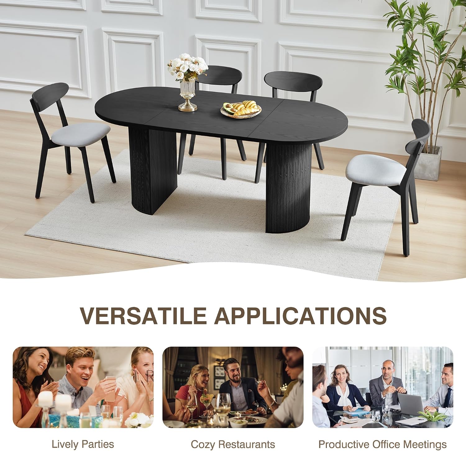 70.8 Inch Dining Table for 4-6 People, Oval Kitchen Table with Semi-Cylindrical Legs Base, Modern Farmhouse Round Dinner Tables for Dining Room Kitchen Living Room (Black)