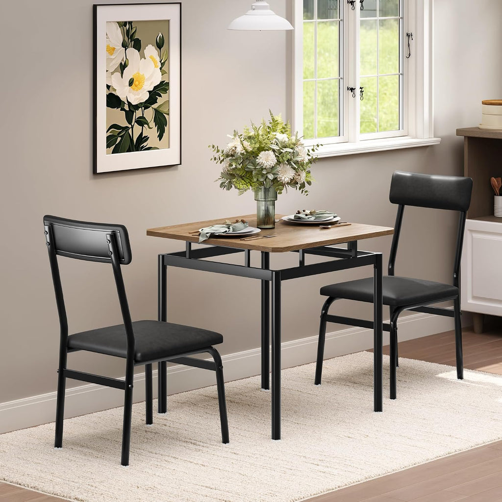 Garvee 3 Piece Dining Table Set, Kitchen Table Set for 2 with 2 PU Upholstered Chair, Industrial Metal Frame Dinette Set for Small Space, Dining Room, Apartment, Studio, Black