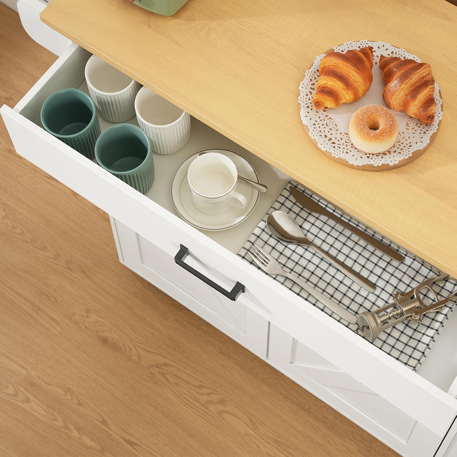 HOOBRO Kitchen Island with Drop Leaf Countertop & Power Outlet, Rolling Island Cart on Wheels, Kitchen Cart with Drawer & Spice Rack, Mobile Island Table for Kitchen, White and Natural WN86UZD01