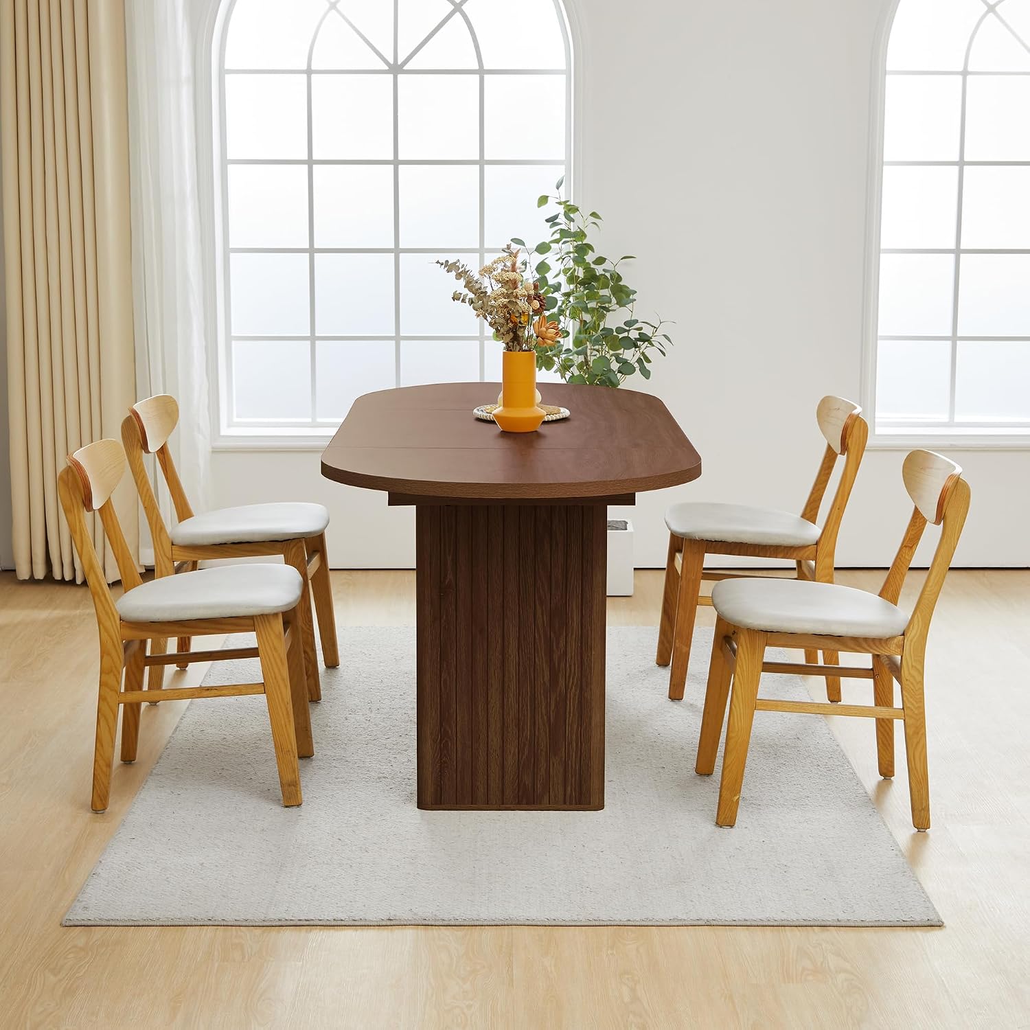 70.8 Inch Oval Dining Table for 4-6 People, Kitchen Table with Wood Strip Base, Modern Farmhouse Round Dining Room Tables for Kitchen Living Room (Walnut)