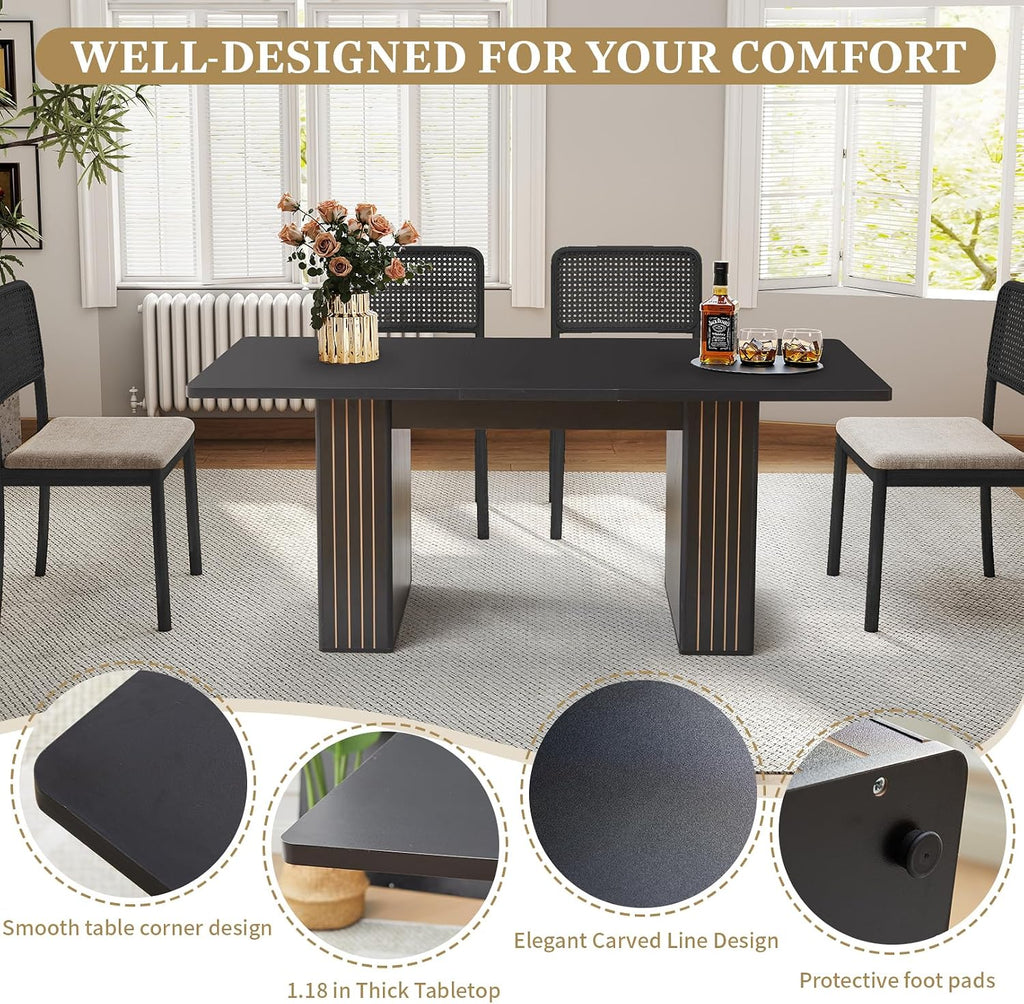 55 in–71 in Extendable Rectangular Dining Table for 4–6, Modern Farmhouse Expandable Kitchen Table with Carved Line Base, Wooden Dinner Table for Kitchen Living Room Home Office (Black)