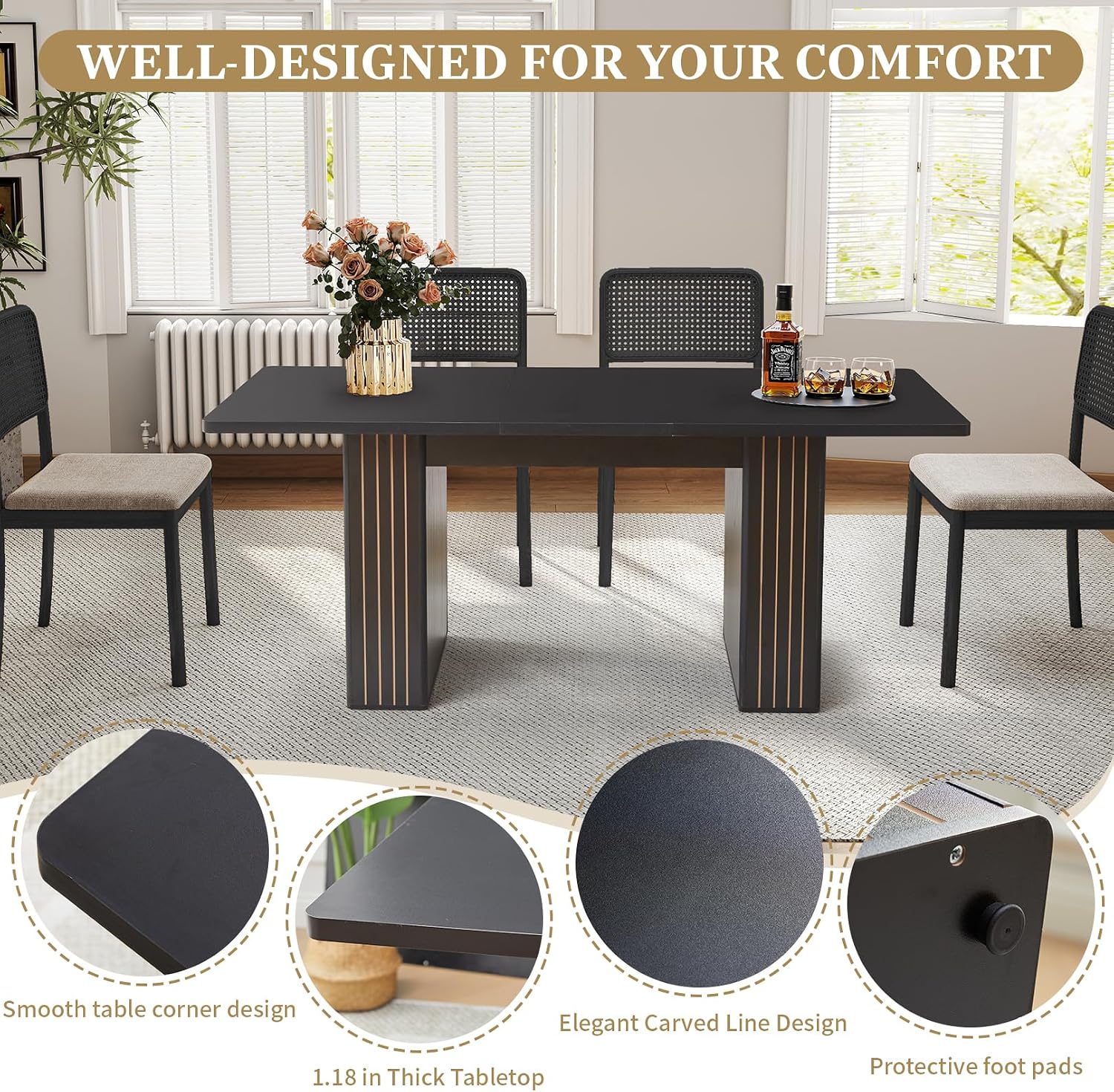 55 in–71 in Extendable Rectangular Dining Table for 4–6, Modern Farmhouse Expandable Kitchen Table with Carved Line Base, Wooden Dinner Table for Kitchen Living Room Home Office (Black)