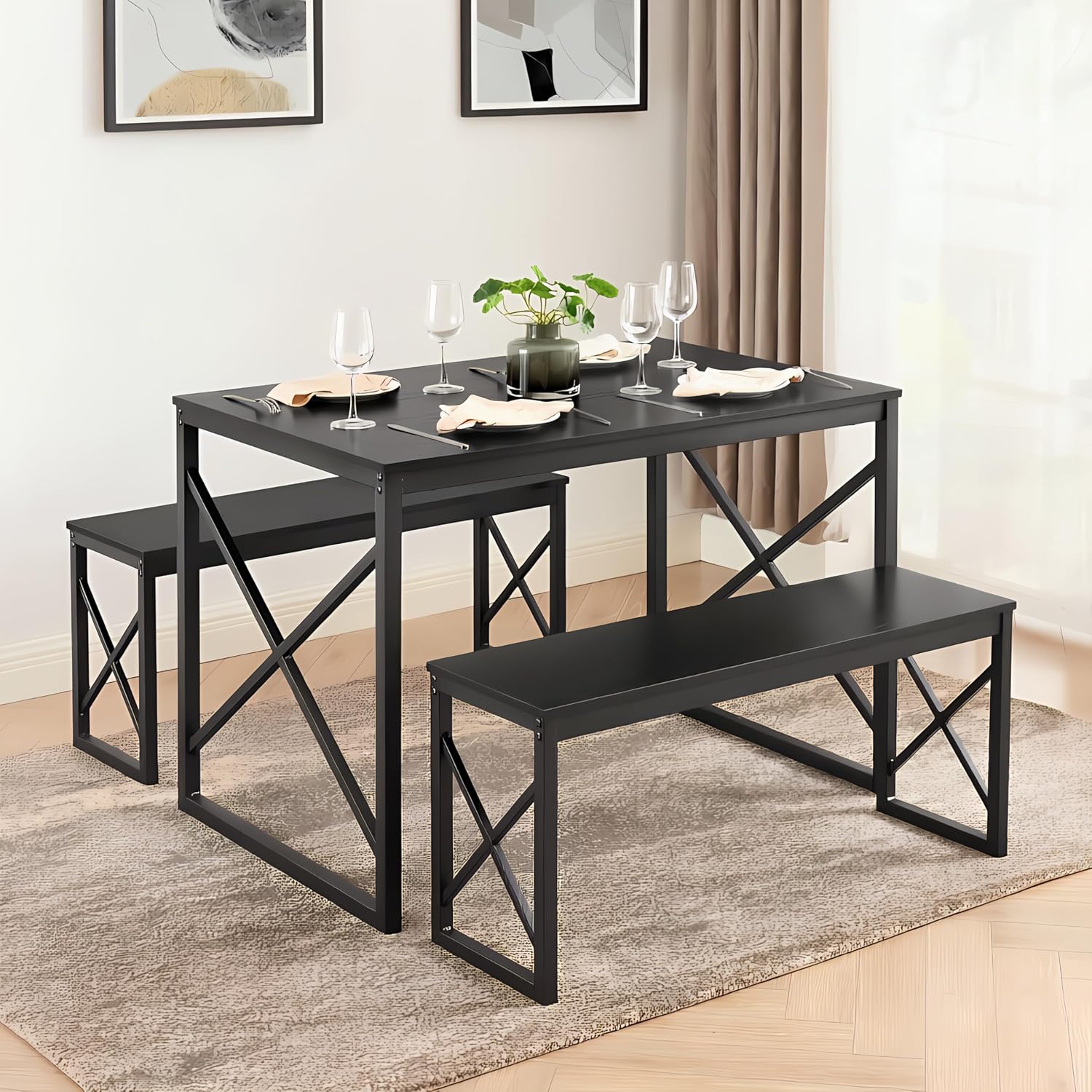 VECELO 43.3' Kitchen Dining Table Set for 4, Heavy-Duty Steel Frame & Wood-Grain Tabletop, Spaving Saving Dinette Sets with 2 Benches for Breakfast Nook and Small Space, Black