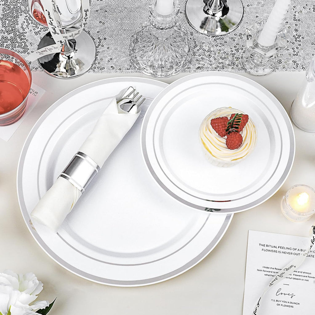 700 PCS White and Silver Plastic Dinnerware Set for 100 Guests, 200 Disposable Plates for Party, 100 Pre Rolled Napkins with Silver Silverware, 100 Cups