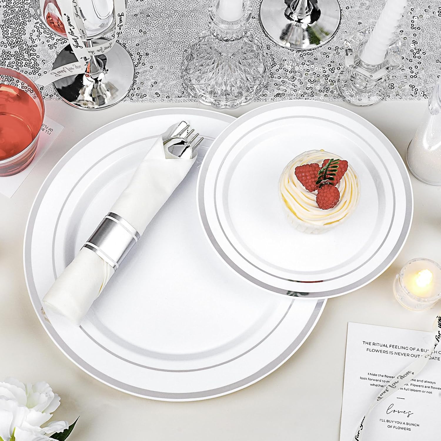700 PCS White and Silver Plastic Dinnerware Set for 100 Guests, 200 Disposable Plates for Party, 100 Pre Rolled Napkins with Silver Silverware, 100 Cups