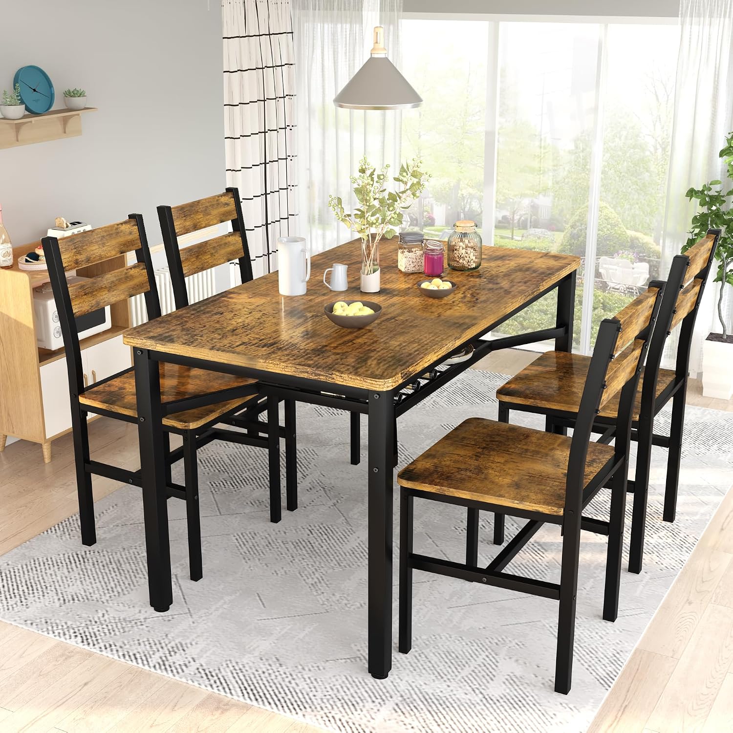 Hooseng Dining Table Set for 4, Wood Kitchen Table Chairs Set with Storage, Farmhouse 5 Piece Dining Room Table Set, Space-Saving Dinette Set for Breakfast Nook, Apartment
