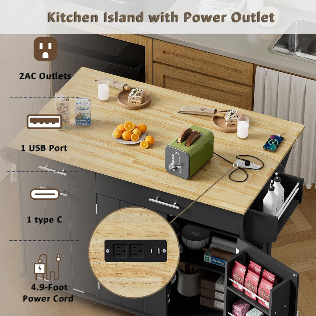 HQZX Rolling Kitchen Island with Trash Can Storage, Portable Kitchen Island Cart on Wheels with Drop Leaf & Power Outlet, Towel Rack & Spice Rack, Large Mobile Island Table for Kitchen, Black