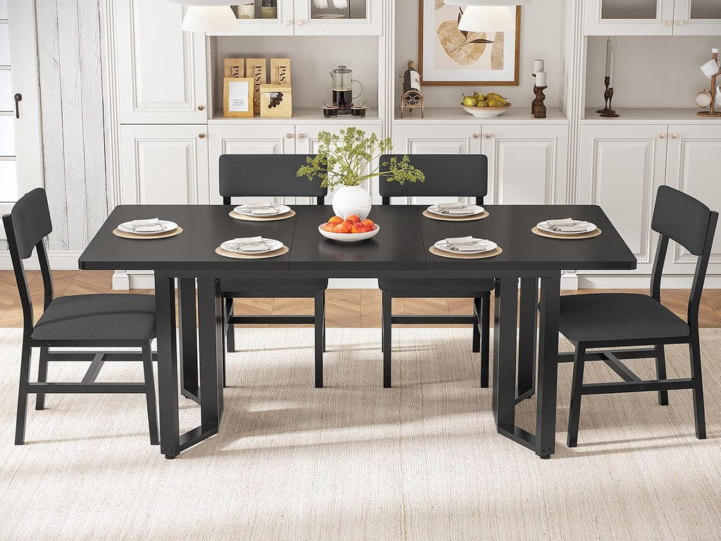 Itaar 5-Piece Dining Table Set for 4-6 People, 63' Extendable Kitchen Table and 4 Cushion Chairs, Dining Room Table with MDF Board & Metal Frame for Small Space, Easy Clean, Black