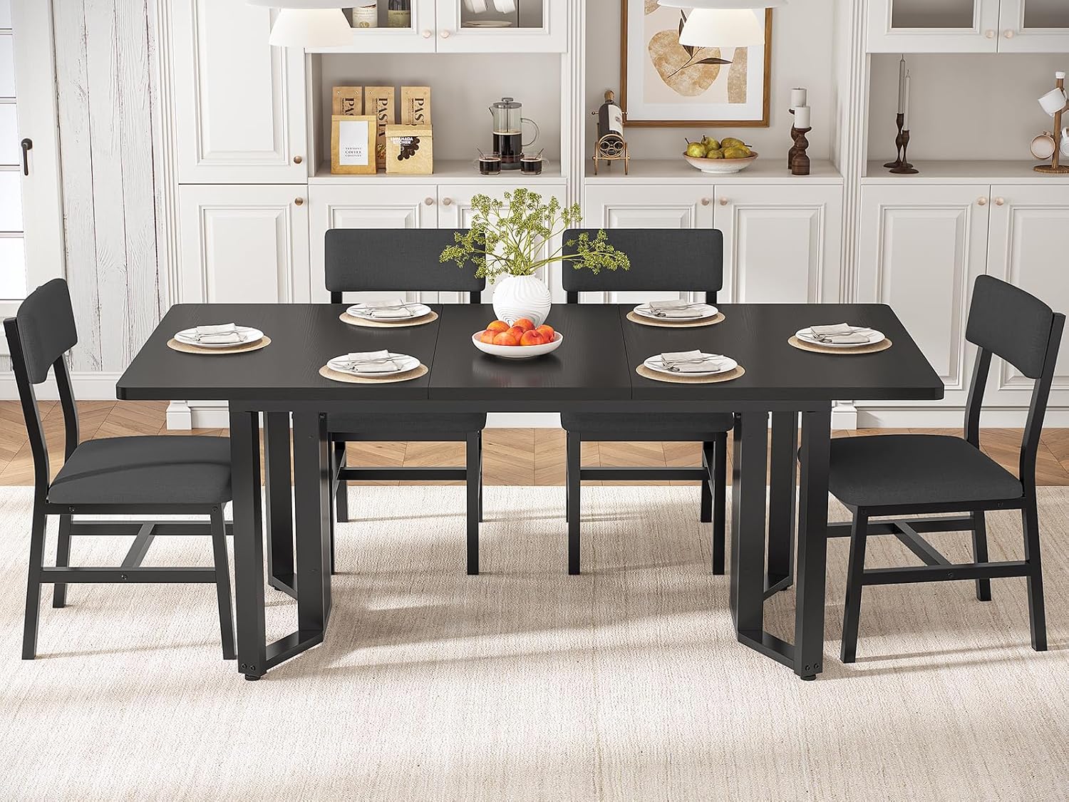 Itaar 5-Piece Dining Table Set for 4-6 People, 63' Extendable Kitchen Table and 4 Cushion Chairs, Dining Room Table with MDF Board & Metal Frame for Small Space, Easy Clean, Black