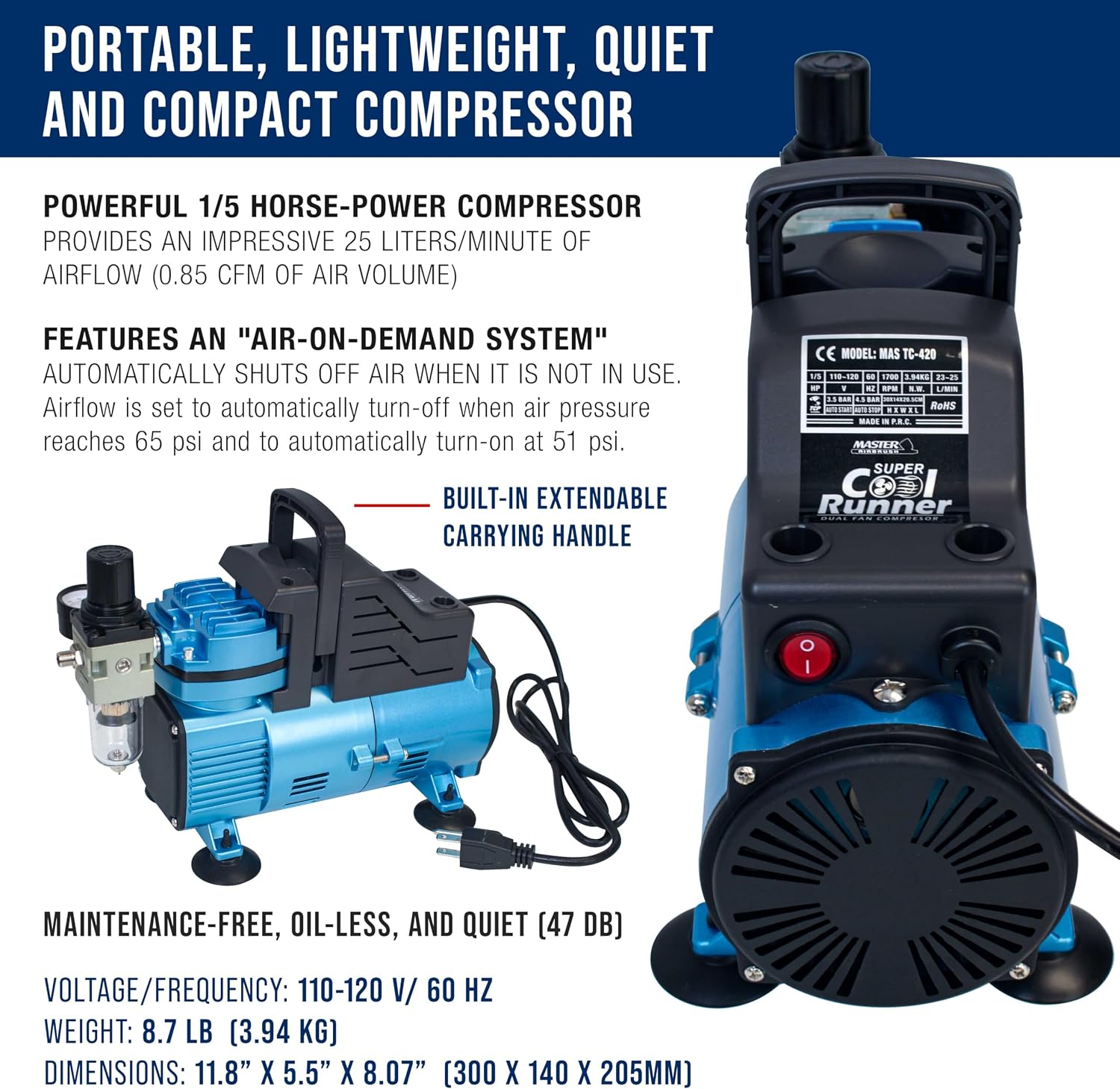 Master Airbrush 1/5 HP Cool Runner Dual Fan Air Compressor Kit Model TC-420 - Professional Single-Piston with 2 Cooling Fans, Longer Running Time without Overheating, Regulator Water Trap Holder