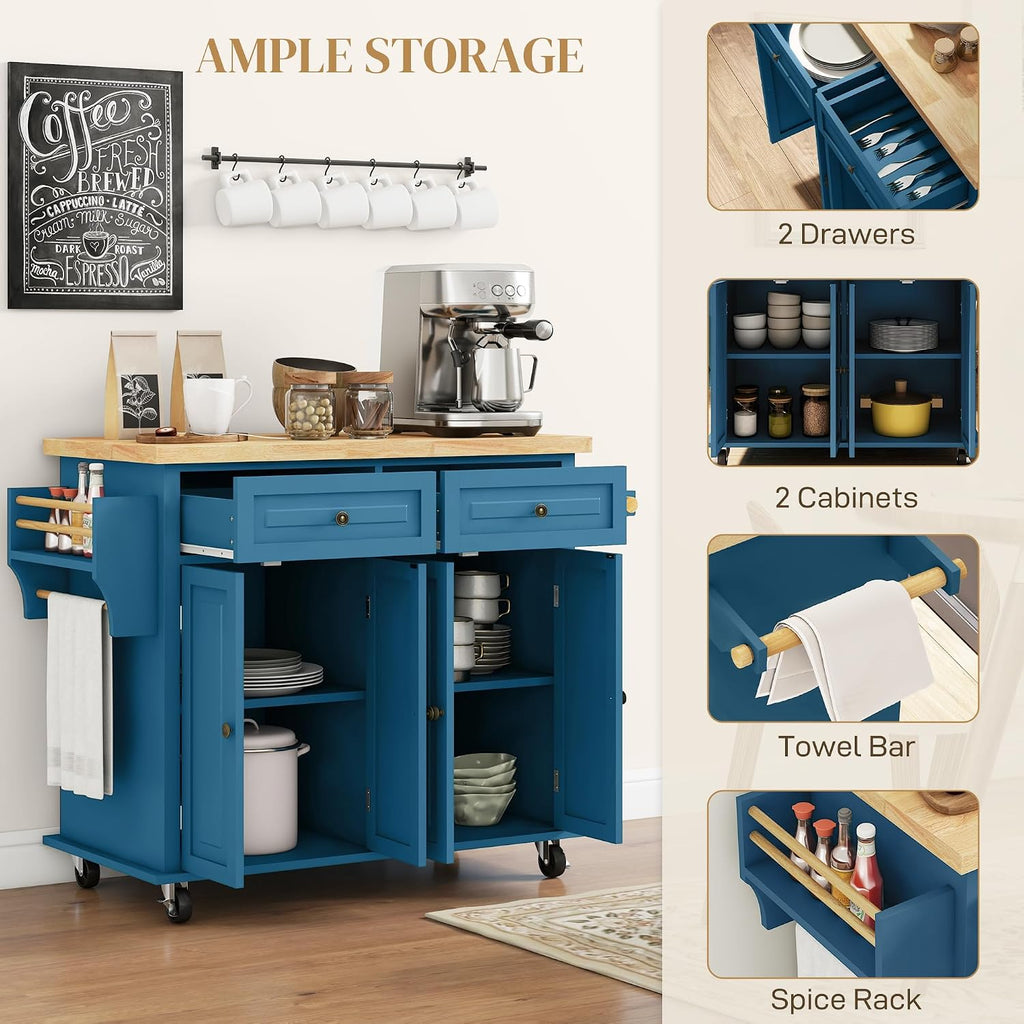 HOMCOM Kitchen Island Cart with Solid Wood Top, 44' Mobile Kitchen Island Table on Wheels with Storage Cabinets, 2 Drawers, Adjustable Shelves, Spice Rack & Towel Bar for Dining Room, Turquoise