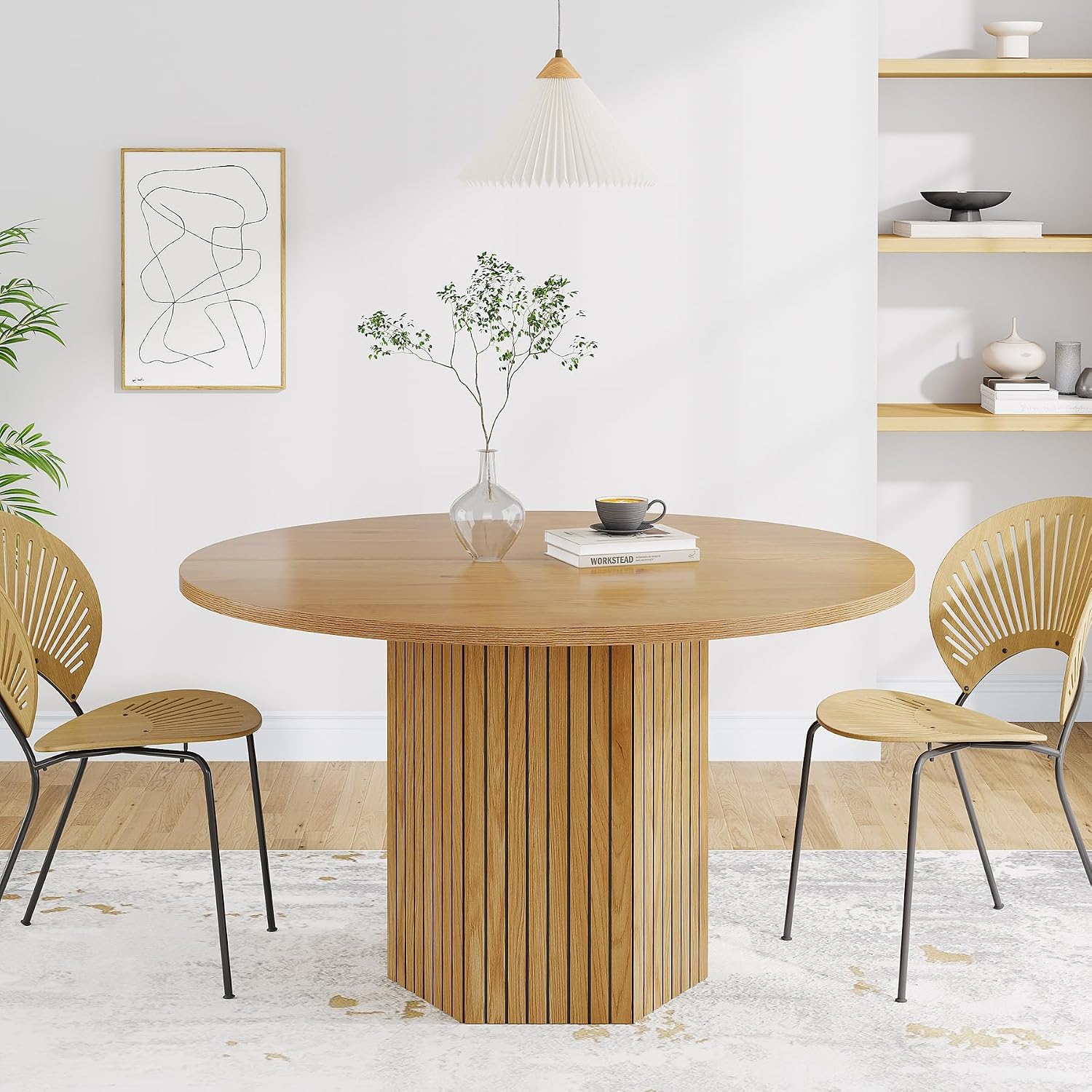 Tribesigns Wood Round Dining Table for Kitchen Room, 47 inch Dinner Table for 4 People with Heavy Duty Pedestal Base Circle Oak Tabletop for Kitchen Living Room, Natural Oak