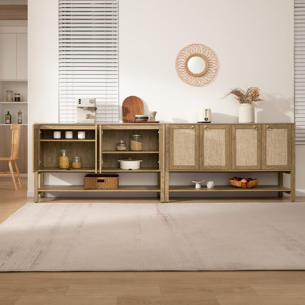 SICOTAS 55' Cherry Sideboard Buffet Cabinet with Rattan Doors, Rustic Farmhouse Coffee Bar Cabinet with Open Shelf, Warm Wood Credenza & Console Table for Kitchen, Dining Room, Entryway