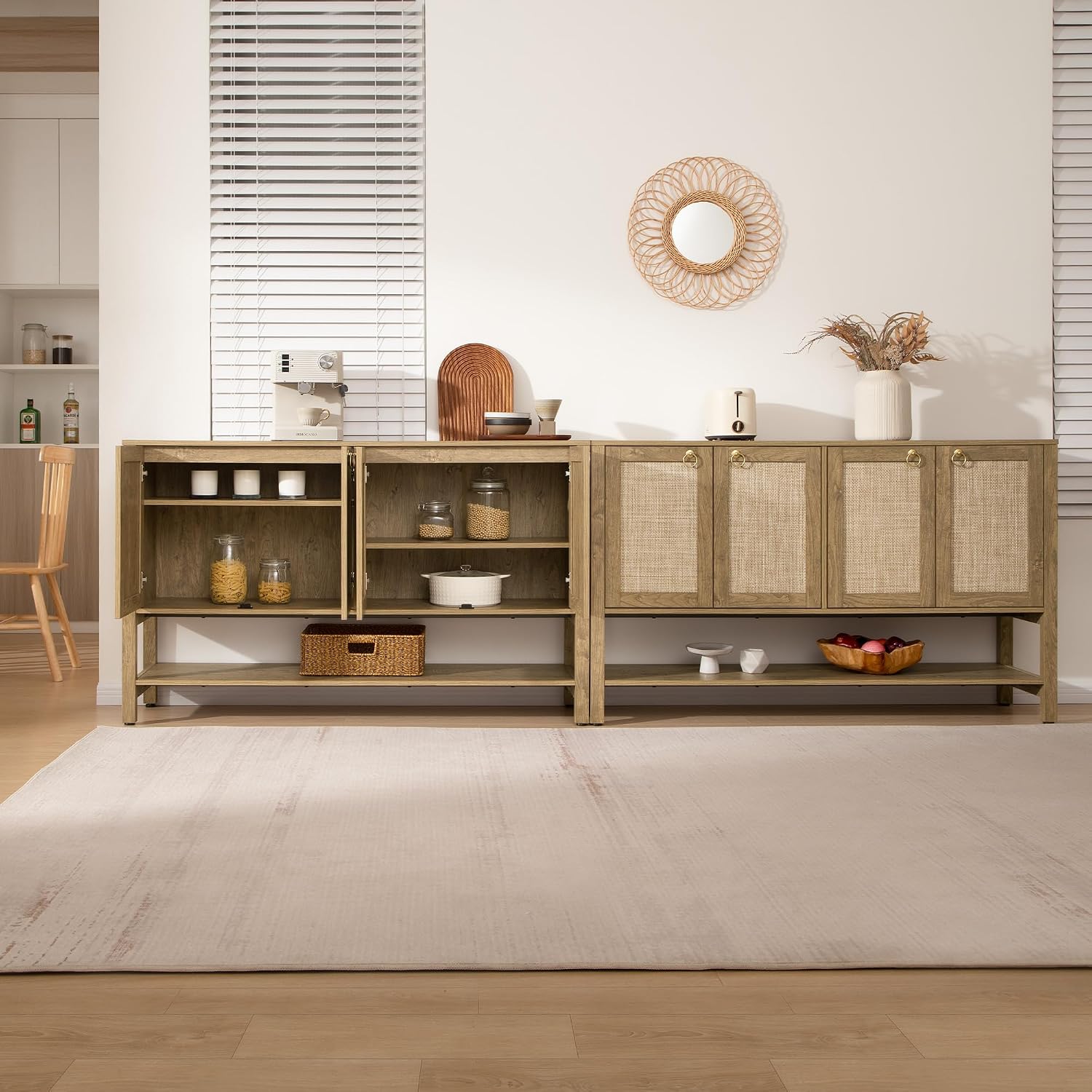 SICOTAS 55' Cherry Sideboard Buffet Cabinet with Rattan Doors, Rustic Farmhouse Coffee Bar Cabinet with Open Shelf, Warm Wood Credenza & Console Table for Kitchen, Dining Room, Entryway