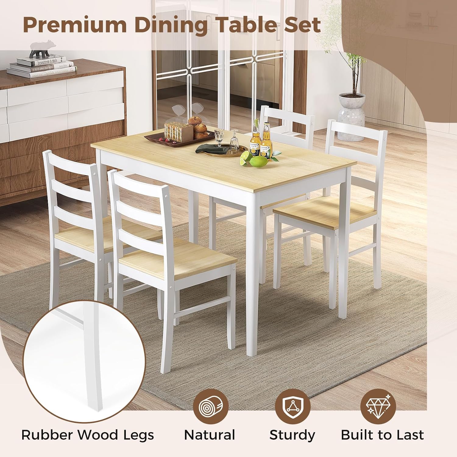 COSTWAY Dining Table Set for 4, Wood Kitchen Table Chairs Set with Rubber Wood Legs, Space-Saving Design, Modern 5-Piece Dinette Set for Small Place, Kitchen, Dining Room, Restaurant (Natural)