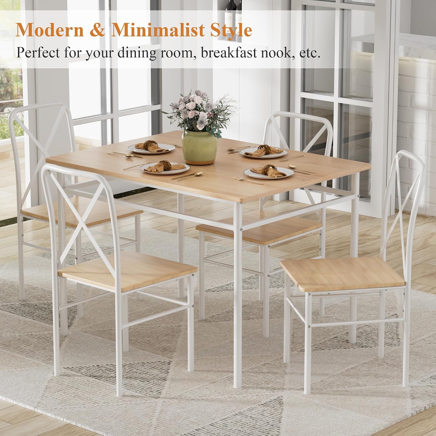 VECELO Dining Table Set for 4, 5-Piece Wood Kitchen Table with Chairs for Small Space, Breakfast Nook, Space-Saving, Natural White