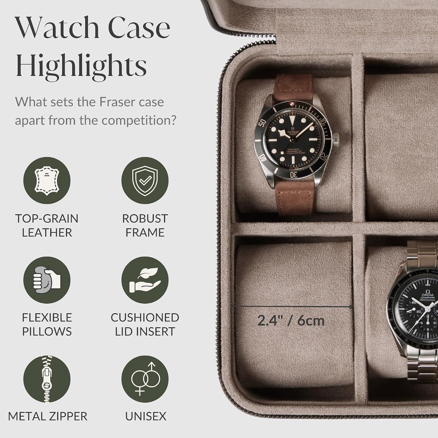 TAWBURY Watch Case - 8 Slot Genuine Top-Grain Leather Watch Box for Men & Women with Extra Wide Pillows for Large Watches - Portable Wristwatch Storage for Home & Travel (Taupe)