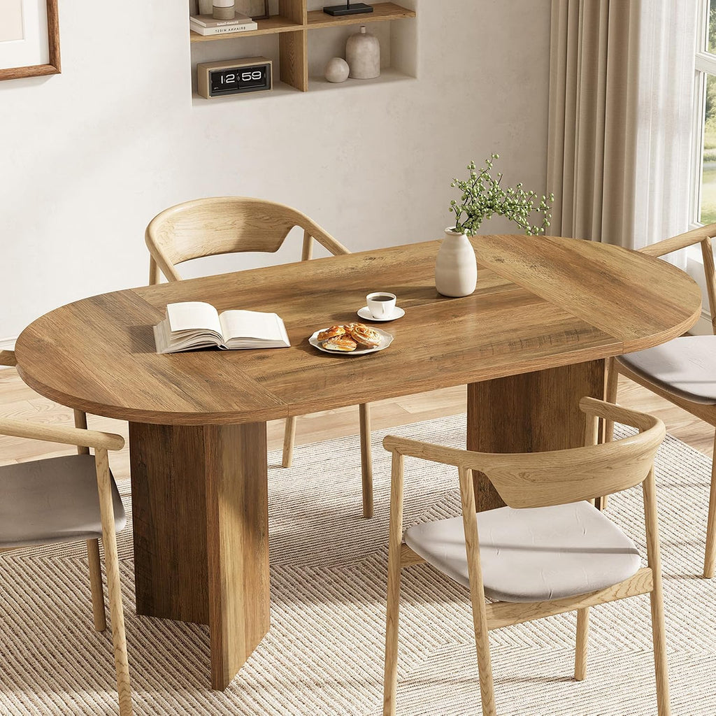 LITTLE TREE 63' Rustic Oval Dining Table for 2-4, Sturdy MDF Farmhouse Kitchen Table with Metal Strip Base, for Living Room, Office, Restaurant, Multi-Use, Umber