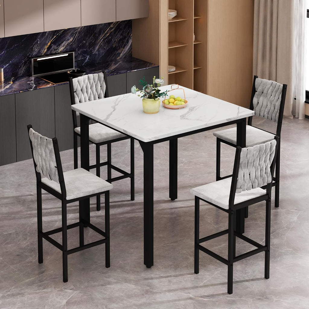 AWQM 5-Piece Dining Table Set, Dining Table Set for 4, Counter Height Table & 4 Velvet Bar Stools, Modern Kitchen Dining Set, Compact Dining Set for Small Spaces (Marble Texture & Velvet Chairs)
