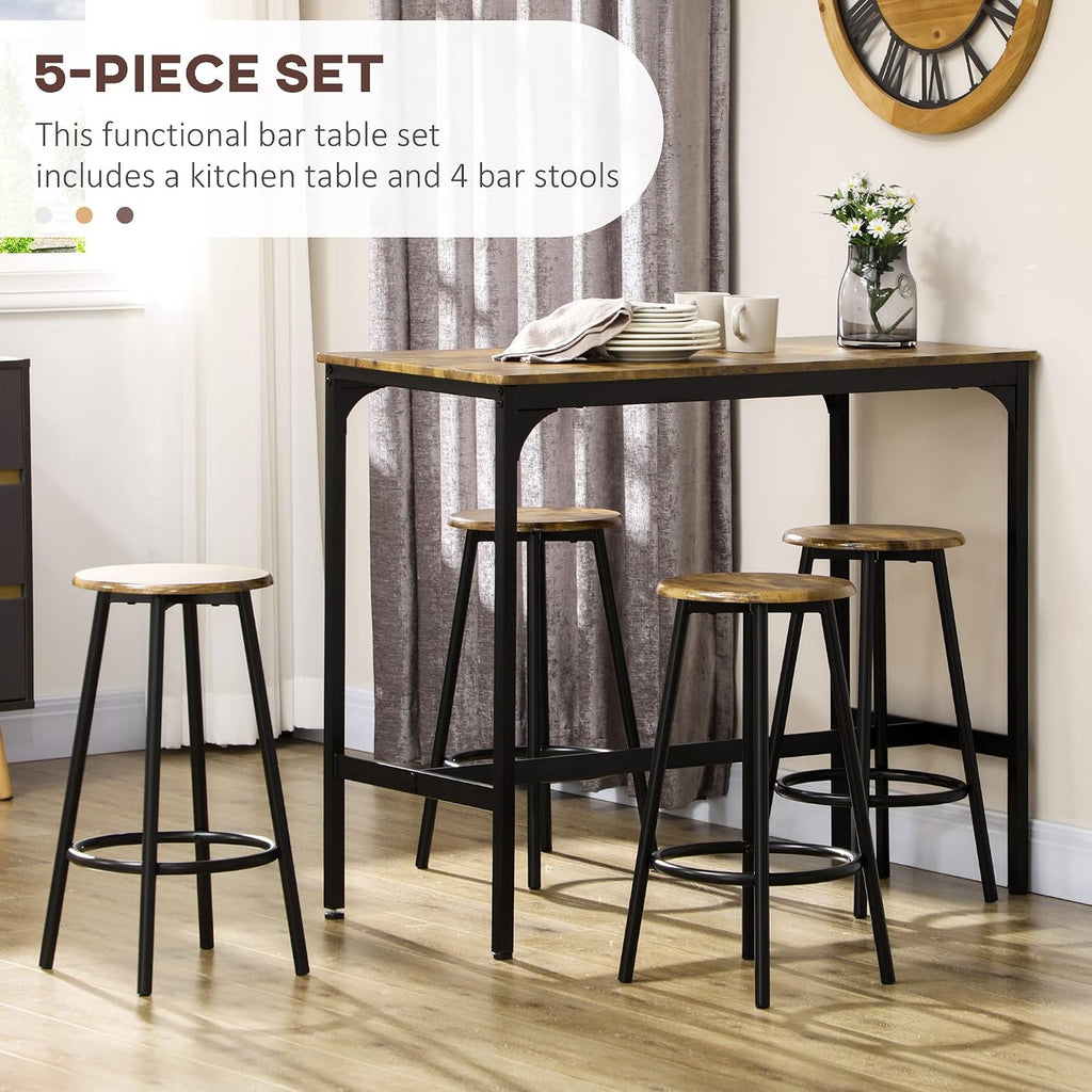 HOMCOM 5-Piece Counter Height Bar Table Set, Rustic 43.25' Dining Table with 4 Bar Stools, Kitchen Table with Wooden Top for Pub, Dining Room, Rustic Brown