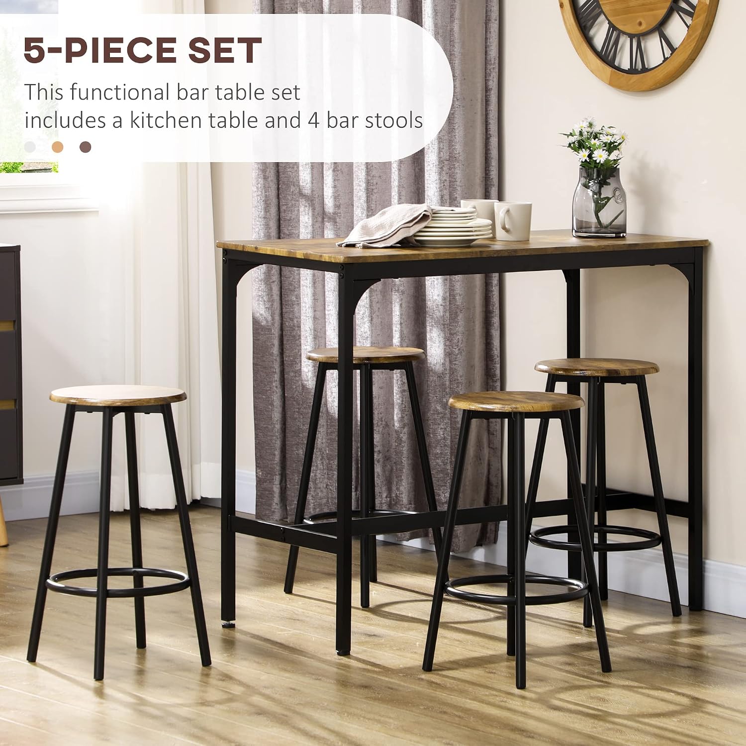 HOMCOM 5-Piece Counter Height Bar Table Set, Rustic 43.25' Dining Table with 4 Bar Stools, Kitchen Table with Wooden Top for Pub, Dining Room, Rustic Brown