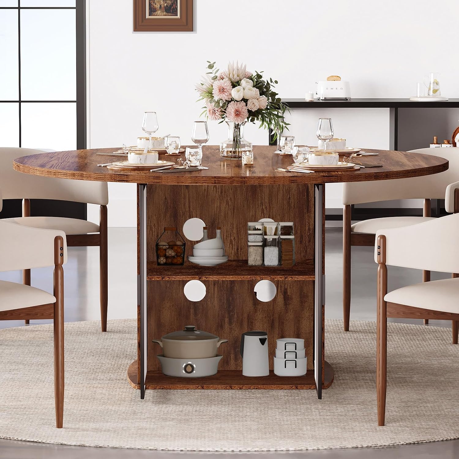 IBF Round Dining Table with Storage, Wood Kitchen Table with Fridge Space, Rustic Circle Dining Room Tables for 4-6, Farmhouse Circular Dinner Tables for Home, Rustic Brown, 47 Inch, Only Table