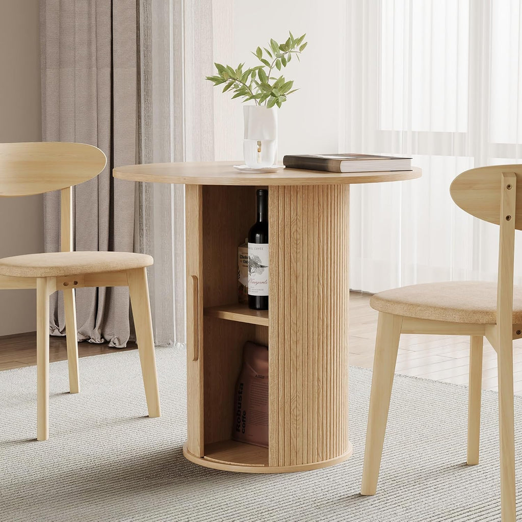 31.5' Round Dining Table for 2-4, Modern Farmhouse Kitchen Table with 2-Tier Storage Shelf, Small Wooden Circle Dining Tables with Fluted Base for Home Dining Room Living Room (Natural)