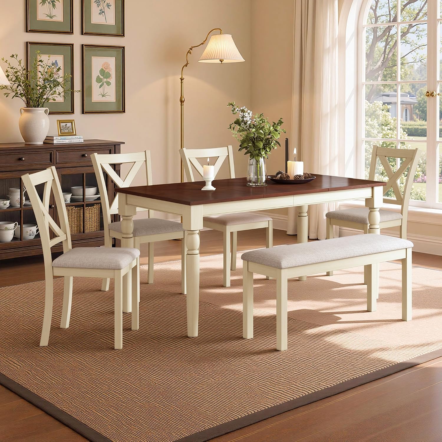 LUXOAK 60' Solid Wood Dining Table Set for 6, Farmhouse Kitchen Table with 4 Upholstered Chairs & Bench, 6-Piece Dining Room & Living Room Furniture, Cream White