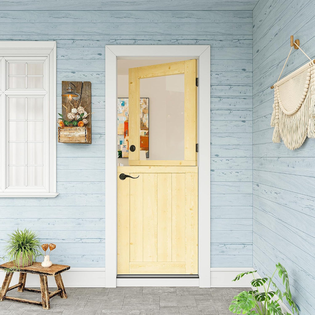 30' x 80' Exterior Prehung Dutch Entry Door (Front/Outside) - 1.75' Pine with 1-Lite Glass,Interior Doors Slab for Home Entryway/Back w/4 Hinges+1 Latch +1 Slab+1 Lock Set +1 Jamb
