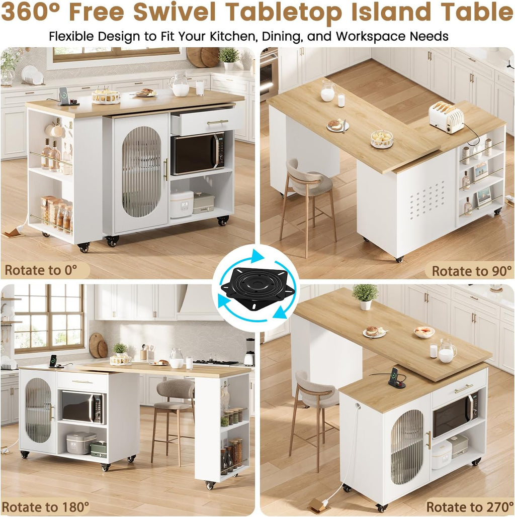 HSH Kitchen Island with 360° Swivel Table & Power Outlet, Rolling Kitchen Island Cart with Storage & Seating, Mobile Wood Kitchen Island Table with Cabinet, Drawers & Shelves on Wheels, Light Oak