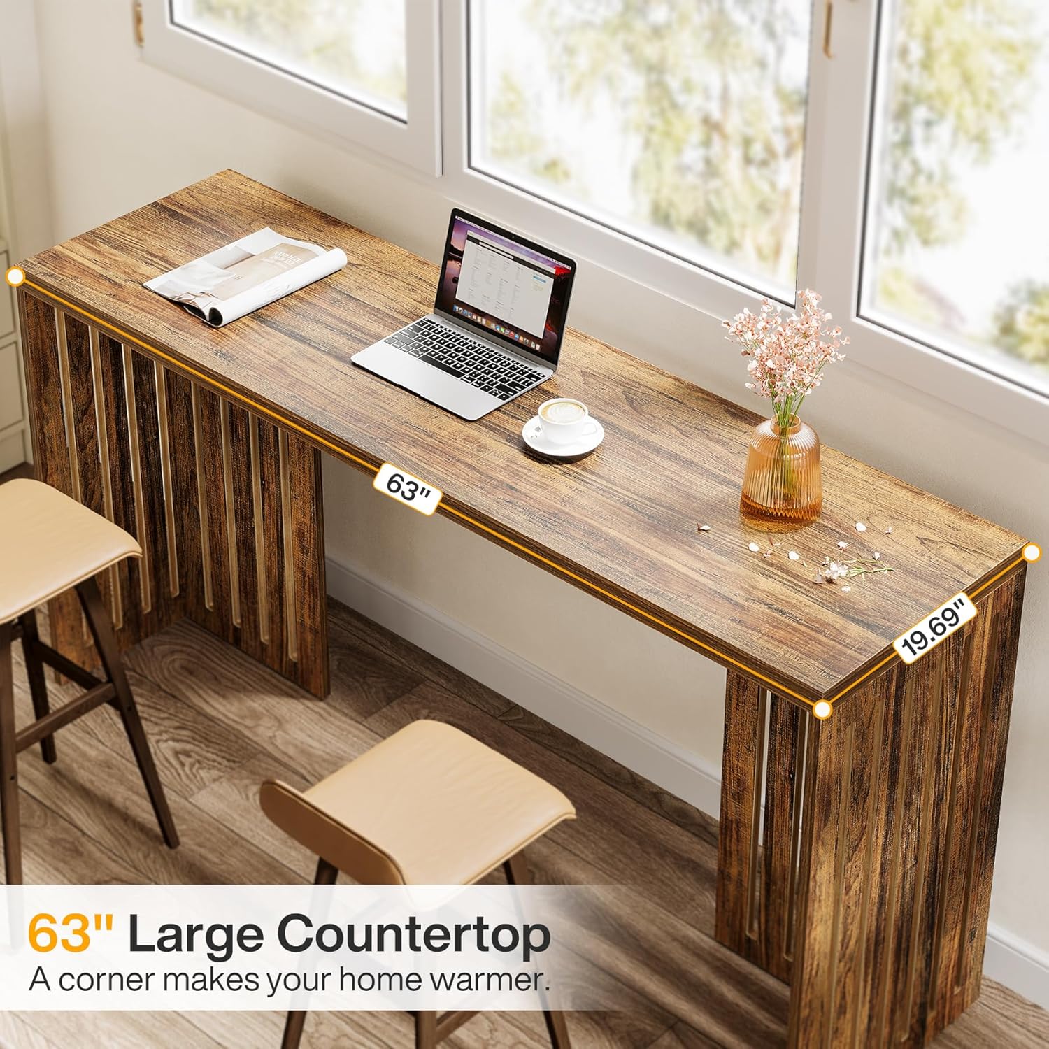 Tribesigns Bar Table, 63-Inch Counter Height Pub Table, Industrial Bar Height Table, Rectangular High Top Kitchen & Dining Counter Tables with Louvered Base for Narrow Space, Rustic Brown