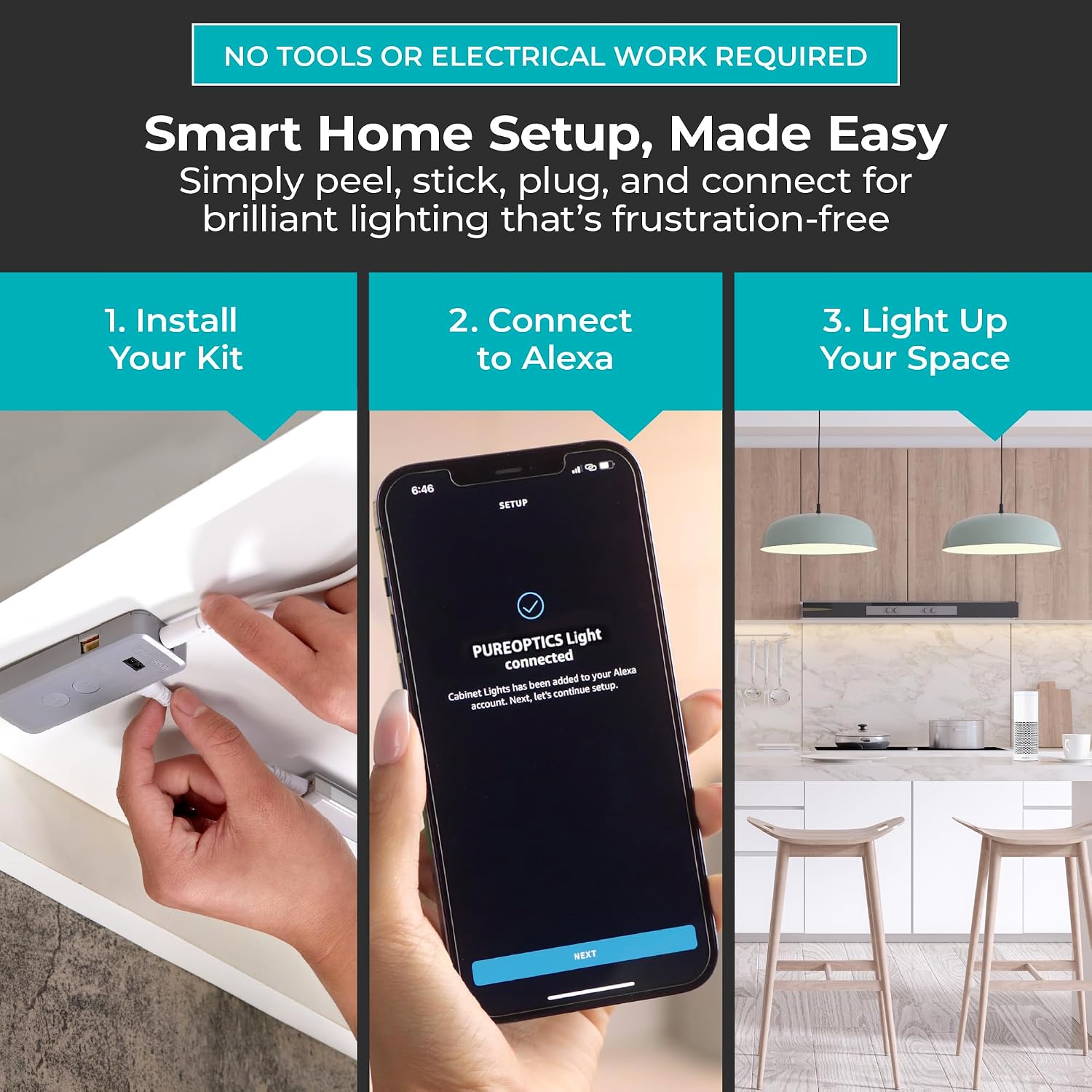 PureOptics LED Works with Alexa Smart Under Cabinet Lighting Kit, Adjustable LEDs, (6) 9' Bars, White