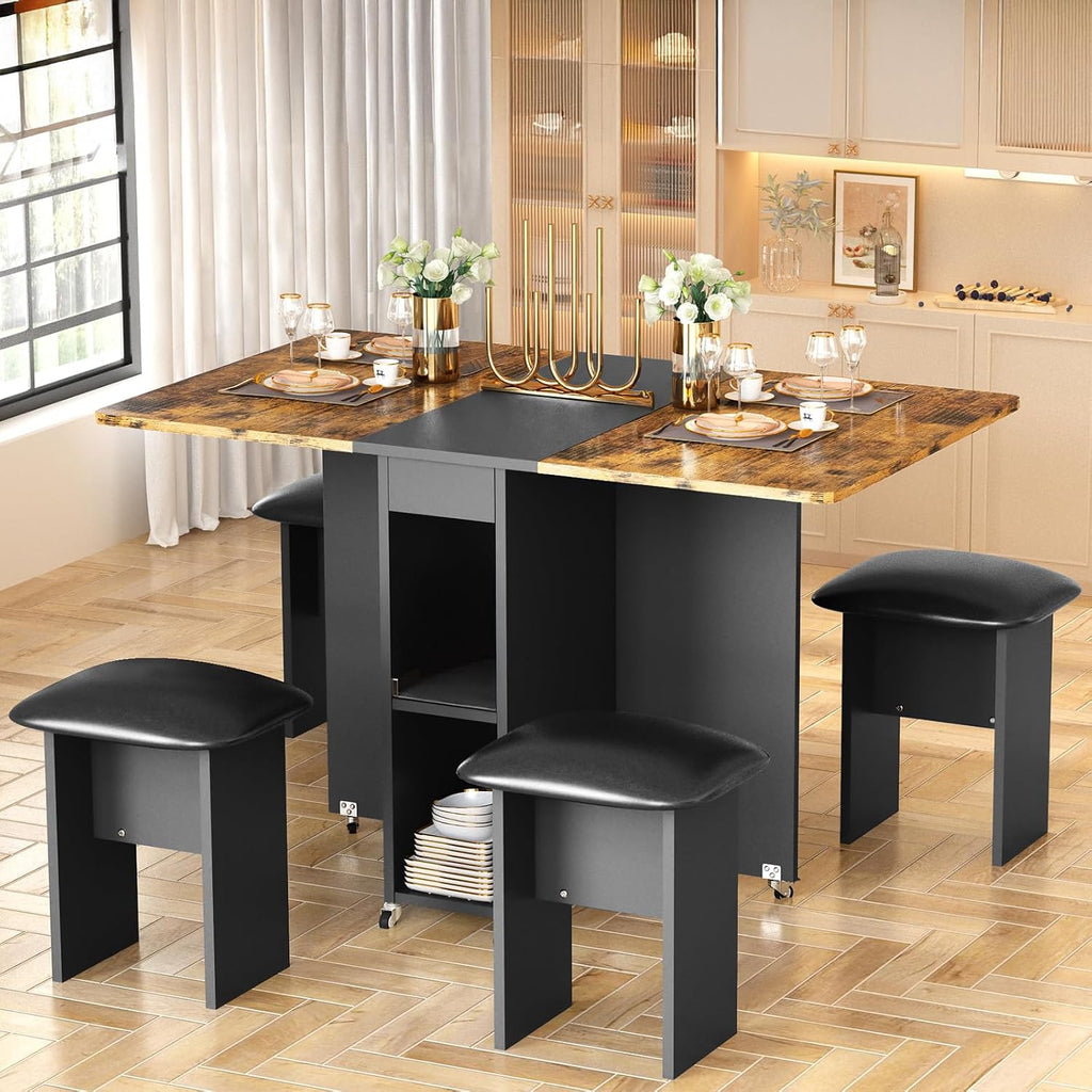 AWQM Foldable Dining Table Set for 4,Folding Dining Table with 4 Leather Chairs & Storage,Drop Leaf Dinner Table with 6 Wheels,Folding Kitchen Table and Chairs Set for Small Spaces,Walnut