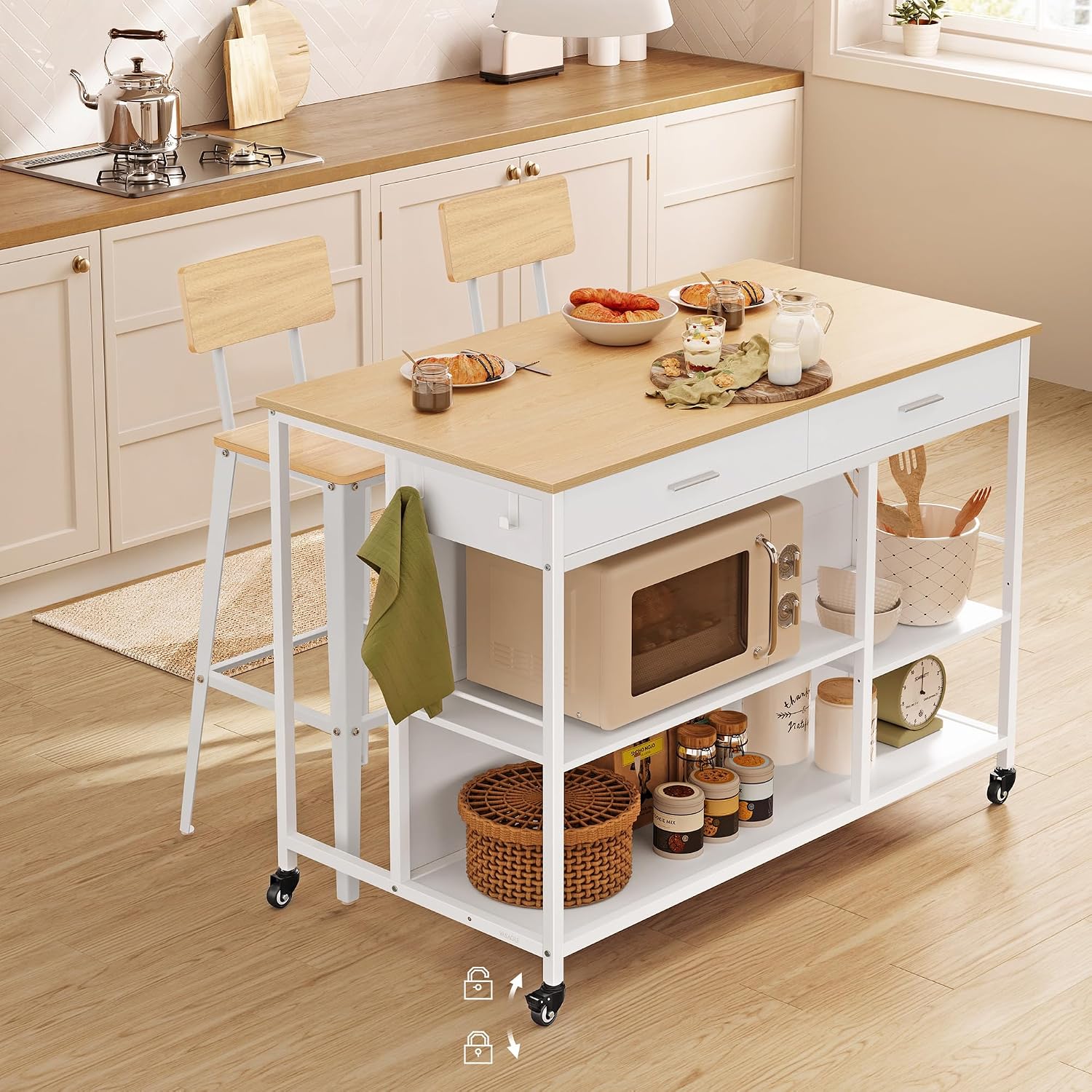 VASAGLE Kitchen Rolling Island, Mobile Kitchen Cart with Storage on Wheels, 27.6 x 43.3 x 35.4 Inches, 2 Drawers, 2 Hooks, for Dining Room, Oak Beige and Matte White UKKI011Y01