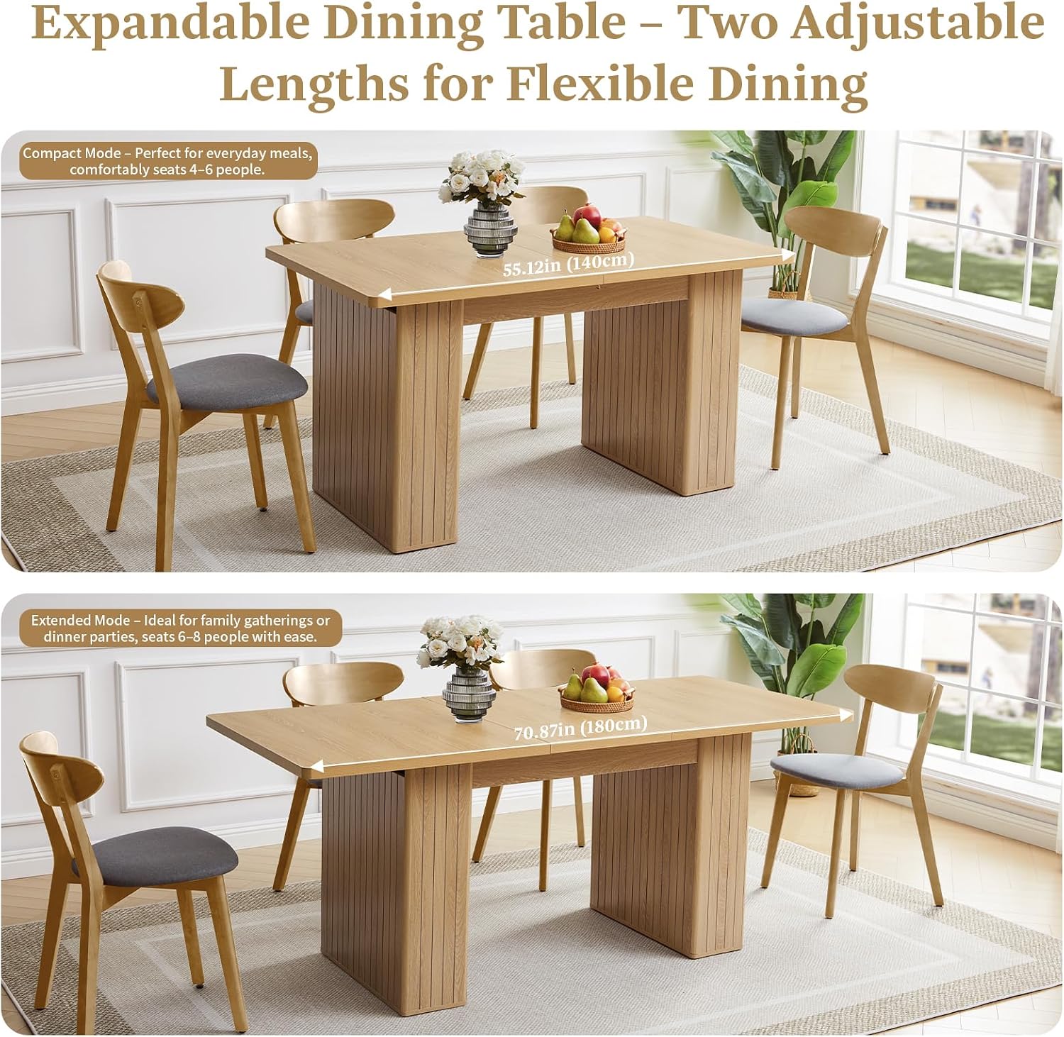 55 in–71 in Extendable Rectangular Dining Table for 4–6, Modern Farmhouse Expandable Kitchen Table with Carved Line Base, Wooden Dinner Table for Kitchen Living Room Home Office (Natural)