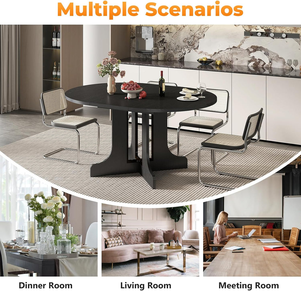 Zevemomo 43'-59' Round Expandable Dining Table, Extendable Dining Room Table for 4-6, Oval Tabletop with Wood Base Removable Leaf, Modern Black Circle Dinner Table for Kitchen Room Living Room