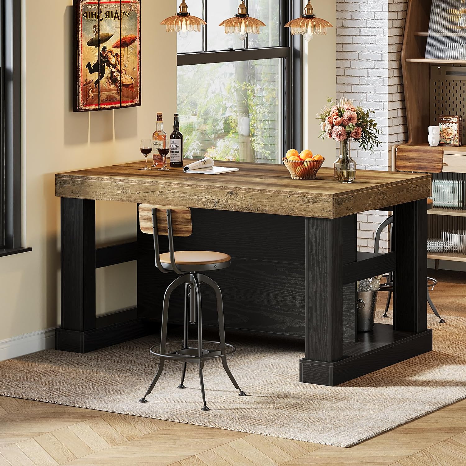 Tribesigns Bar Table, 55-Inch Counter Height Pub Table with Storage Shelves, High Top Kitchen Dining Table, Rectangle Wood Home Bar Unit for Dining Room, Bistro, Black and Brown